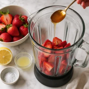 Strawberries blended with sweetener and lemon juice