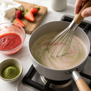 Warm strawberry matcha latte whisked in a saucepan