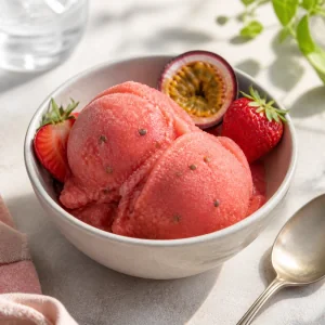 Eine Servierschale mit portionierbarem Erdbeer-Passionsfrucht-Sorbet und Erdbeer-Passionsfrucht-Garnitur.