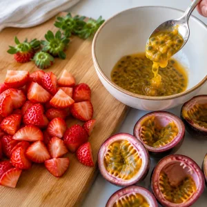 Gehackte Erdbeeren und Passionsfruchtfleisch mit Kernen werden in eine Schale gelöffelt.