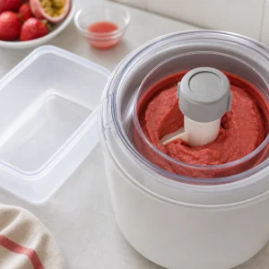 Rosa Erdbeer-Passionsfrucht-Sorbetmasse wird in einer Eismaschine gerührt.