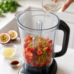 Erdbeeren, Passionsfruchtfleisch, Sirup, Zitronensaft und Vanille im Mixerbehälter.