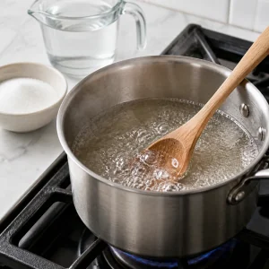 Zuckersirup köchelt in einem kleinen Topf mit einem Holzlöffel.