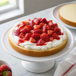 Camada de bolo coberta com creme e morangos suculentos