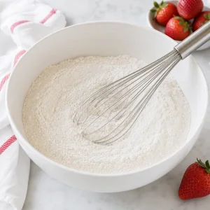 Ingredientes secos do bolo misturados em uma tigela branca