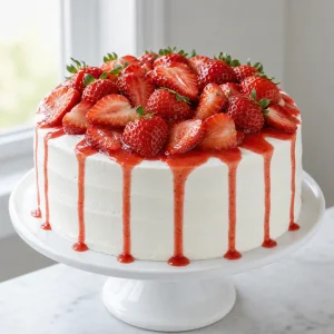 Bolo finalizado de creme e morango com calda vermelha