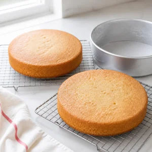 Camadas douradas de bolo de baunilha esfriando em grades