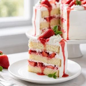 Fatia de bolo de creme e morango com camadas de baunilha