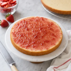 Camada de bolo de baunilha pincelada com geleia de morango