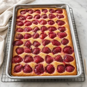 Baked strawberry sheet cake with golden edges and jammy berries