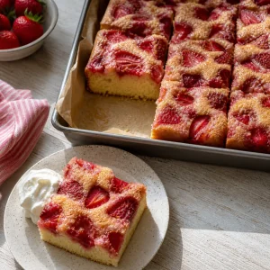 Finished strawberry sheet cake with one square served beside whipped cream