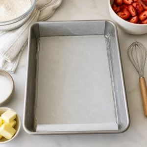 Parchment-lined baking pan ready for cake batter