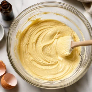 Smooth cake batter after egg yolk and vanilla are mixed in