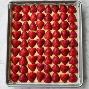 Strawberry halves arranged closely over unbaked cake batter