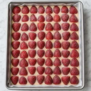 Sugar sprinkled over the strawberry-topped batter