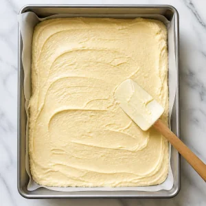Thick cake batter spread evenly in the prepared pan