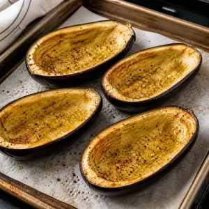 Metà di melanzane condite con olio e spezie arrostiscono su una teglia finché sono leggermente morbide.