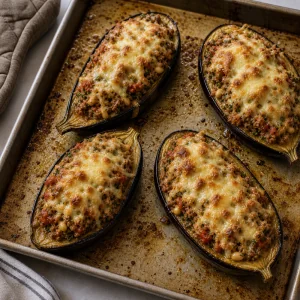 Le melanzane ripiene cuociono finché il formaggio è fuso e dorato.
