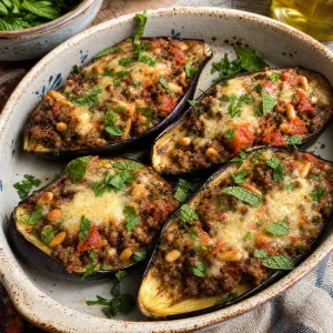 Berenjenas rellenas con cordero, tomates, piñones, hierbas y queso dorado derretido en un plato para servir.