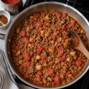 Il ripieno di agnello sobbolle con pomodori, melanzana tritata, cannella e cumino finché si addensa leggermente.