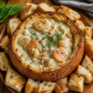 Cremige Meeresfrüchtemischung in einer gerösteten Sauerteig-Brotschale mit frischem Dill und Brotstücken serviert.
