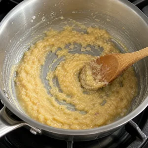 Mehl wird in Butter, Schalotten und Knoblauch eingerührt, um in einem Topf eine helle Mehlschwitze zu bilden.