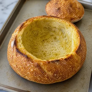 Ausgehöhlter Sauerteiglaib, mit Olivenöl bestrichen und auf einem Backblech für eine Meeresfrüchte-Brotschale geröstet.