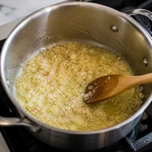 Gehackte Schalotten und Knoblauch brutzeln in geschmolzener Butter in einem Topf.