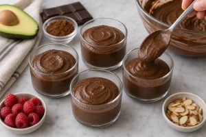 Chocolate avocado mousse portioned into four serving cups