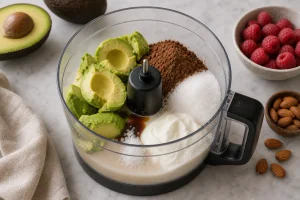 Cocoa, sweetener, Greek yogurt, vanilla, almond milk, and salt added to avocado