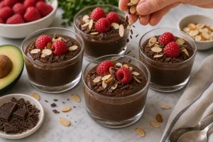 Mousse topped with raspberries, toasted almonds, and sugar-free chocolate shavings