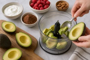 Ripe avocados halved, pitted, and scooped into a food processor
