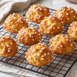 Baked sugar puffs cooling on a wire rack
