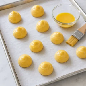 Glazed choux mounds with egg wash nearby
