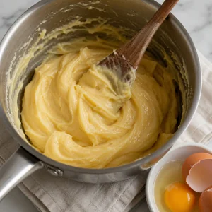 Glossy choux dough after mixing in eggs