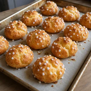Golden baked sugar puffs on a sheet pan