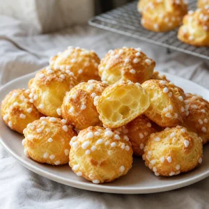 Golden sugar puffs with pearl sugar on a plate