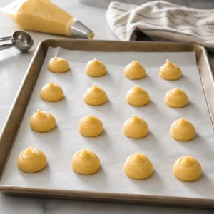 Piped choux dough mounds on a lined baking sheet