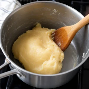 Smooth choux dough ball in a saucepan
