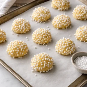 Unbaked choux mounds covered with pearl sugar