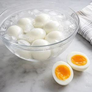 Boiled eggs in ice water with two jammy egg halves