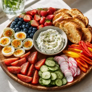 Brunch board being assembled around a bowl of herbed ricotta