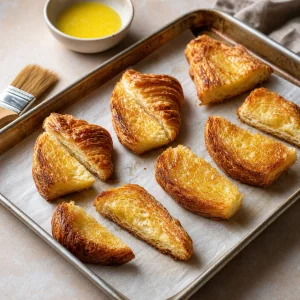 Golden croissant toast pieces on a parchment-lined sheet pan
