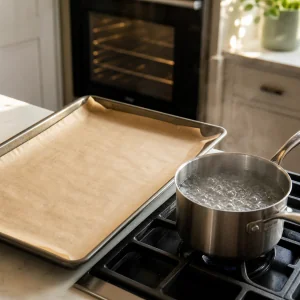 Parchment-lined sheet pan beside a saucepan of boiling water