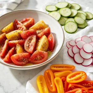 Seasoned tomato wedges with sliced cucumbers, radishes, and sweet peppers
