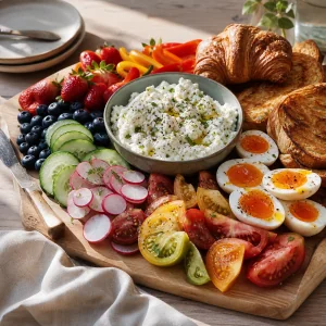 Summer brunch board with herbed ricotta, eggs, croissant toasts, vegetables, and berries