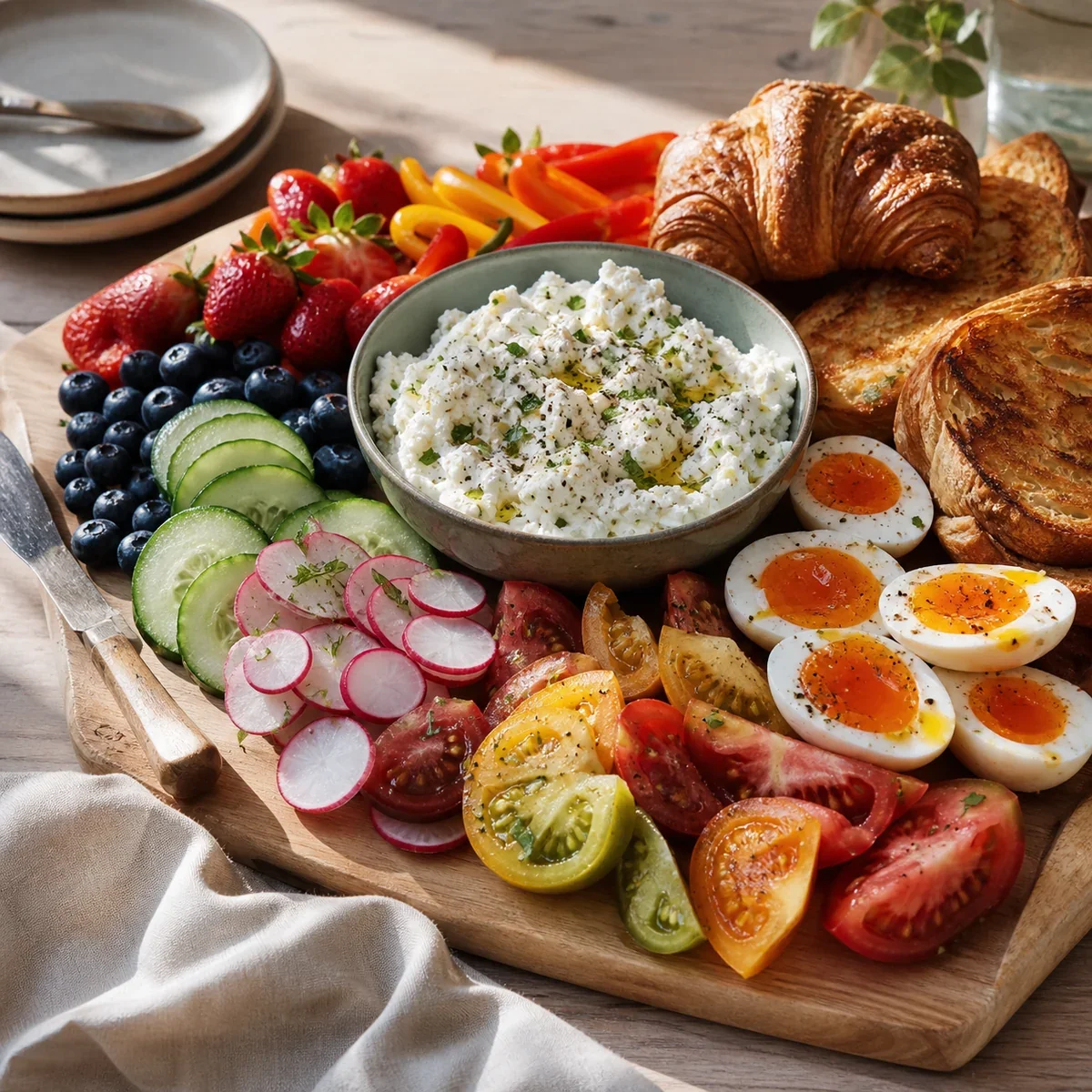 Summer brunch board with herbed ricotta, eggs, croissant toasts, vegetables, and berries