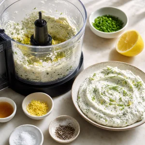 Whipped herbed ricotta in a food processor and shallow serving bowl