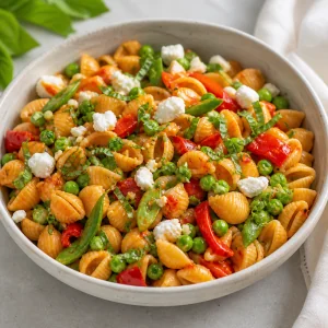 Ensalada de pasta terminada con guisantes, tirabeques, queso de cabra, albahaca y aliño de pimiento rojo asado