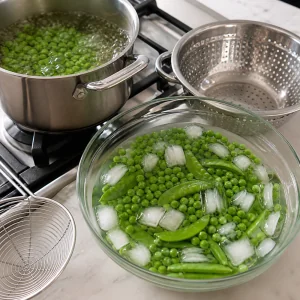 Green peas blanching in a pot with peas and snow peas cooling in ice water